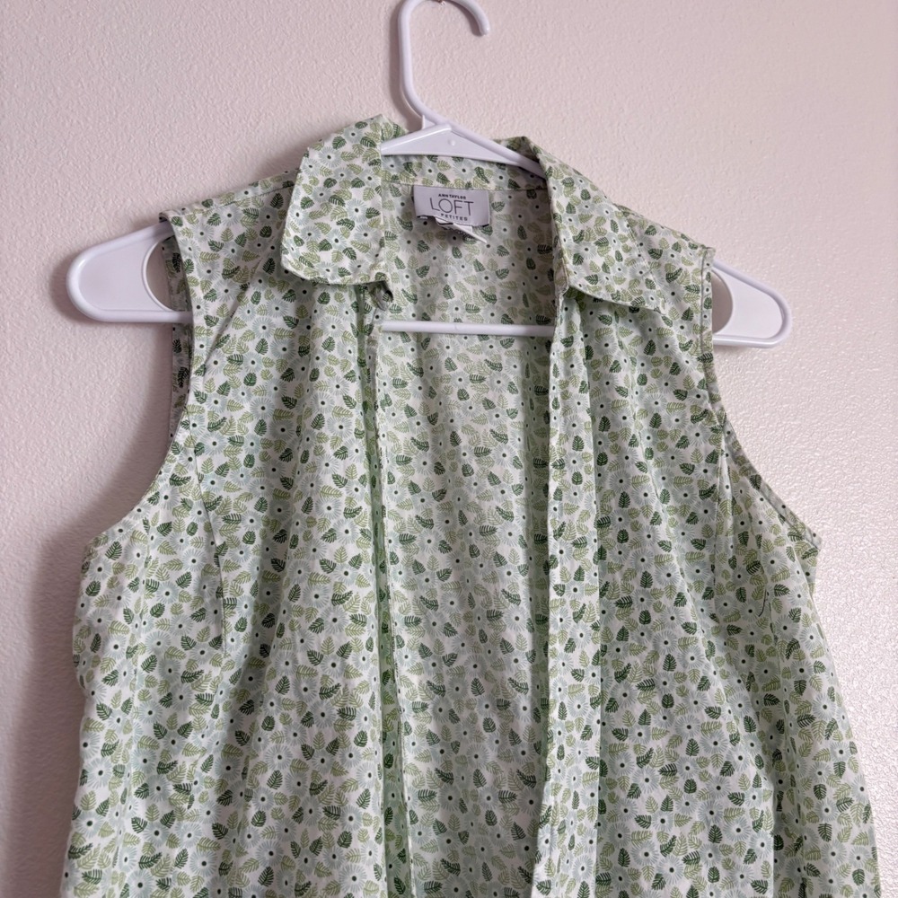 Ann Taylor Loft Petites Green White Floral Leaf Tie Front Sleeveless Top 8P